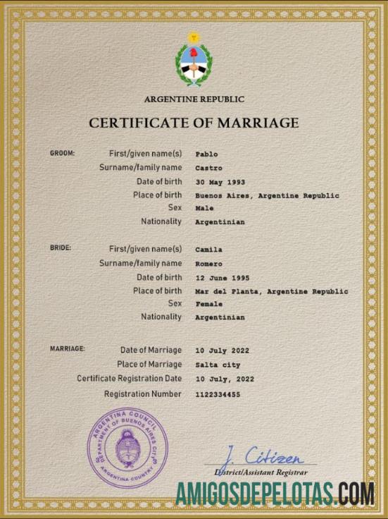 Imprimível modelo PSD de certidão de casamento na Argentina